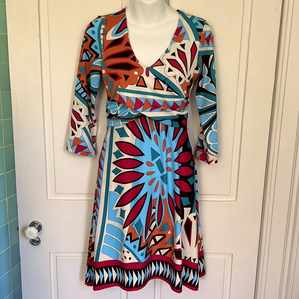 Fit & Flare Faux Wrap Geometric Print Dress Tracy Negoshian S Blue White